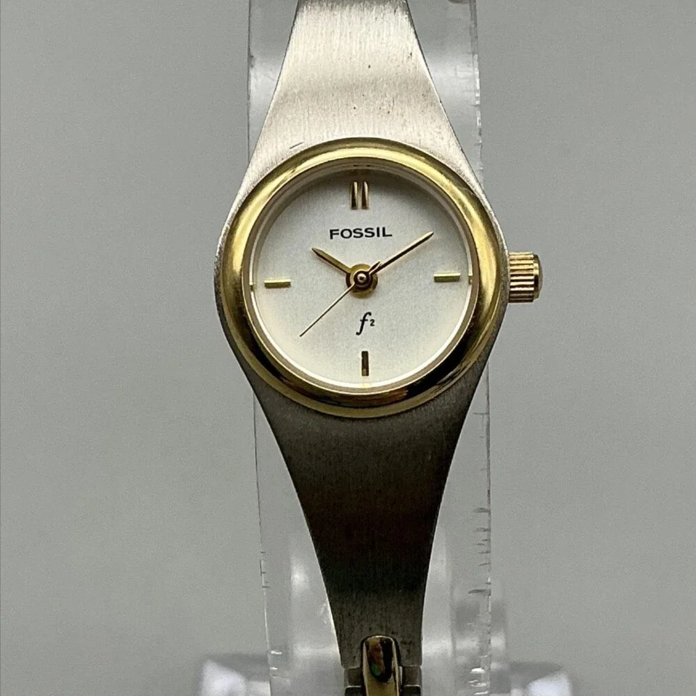 Fossil F2 Womens Watch 17mm Silver Two Tone Bangle ES-9069 New Battery 6.75